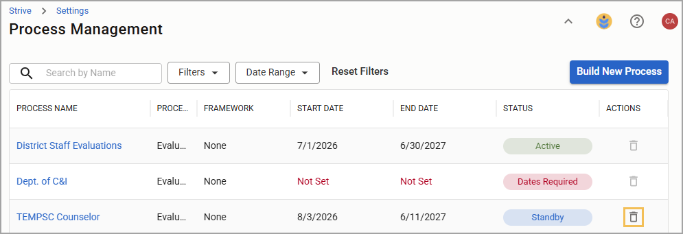 Process management interface displaying the ability to delete a process.